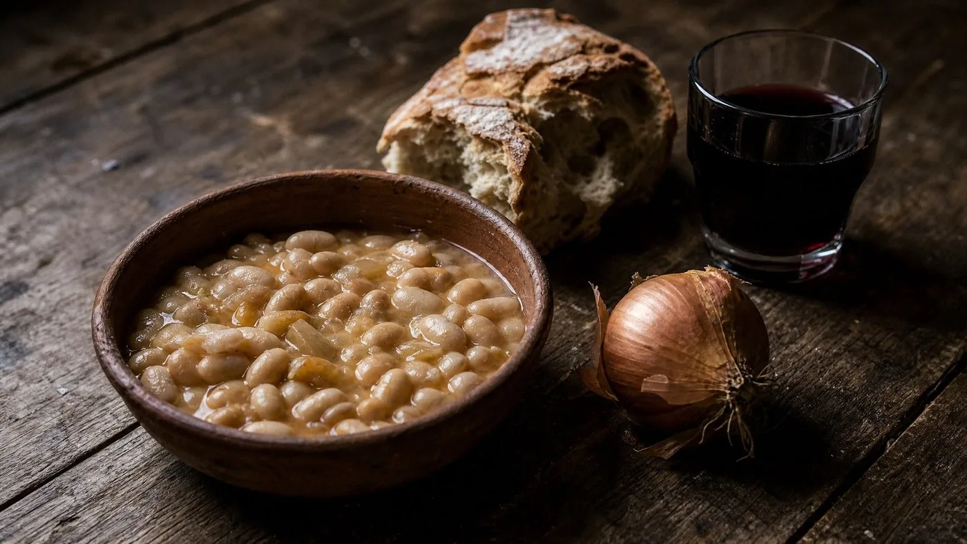 A bowl of white beans, bread and an onion. Annibale Carracci painted a man eating this and the painting hangs in the gallery. This is not that painting.
