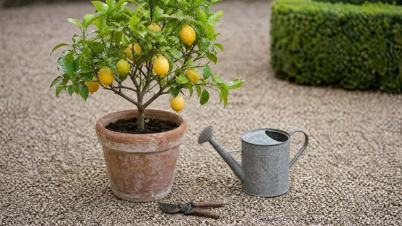 A small lemon tree in a terracotta pot on raked gravel beside a zinc watering can