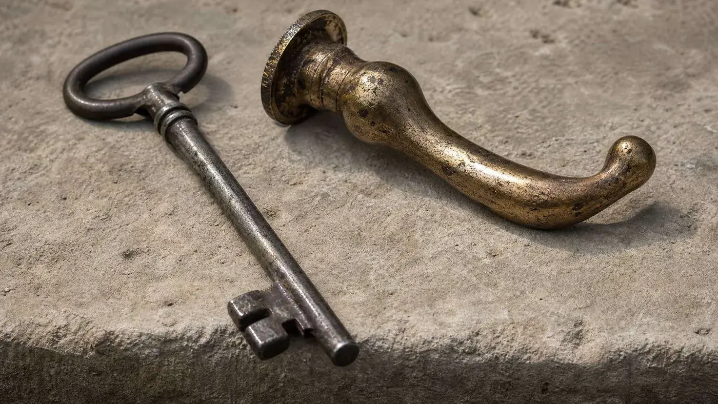 An iron key and a worn brass handle on a stone ledge. Not this palace&rsquo;s door &mdash; a private house is a private house.