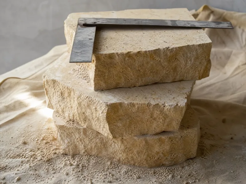 Cut blocks of Roman travertine and stone dust on canvas