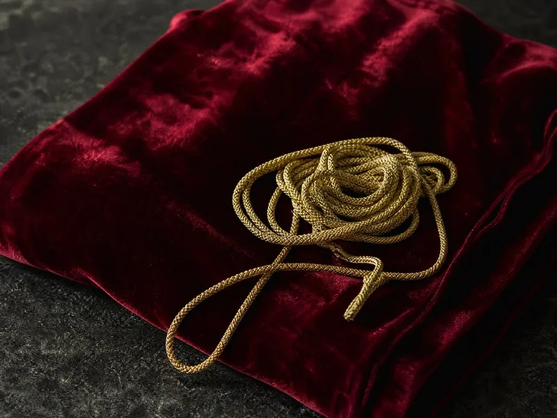 A folded length of crimson velvet with a coil of gold braid
